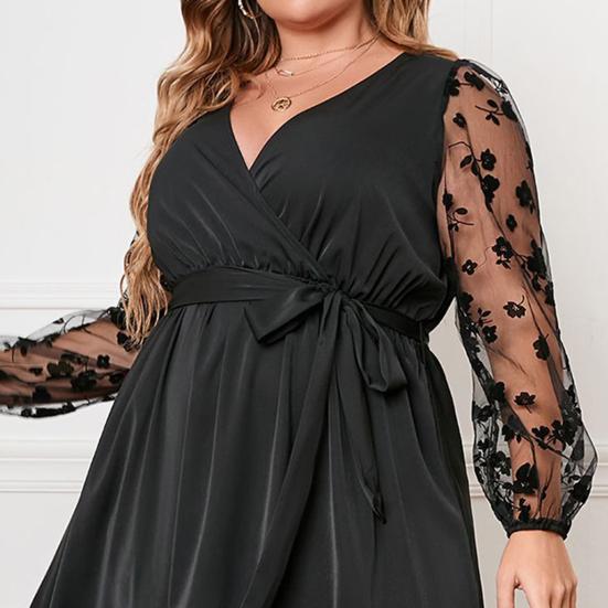 Women Gown Dress V-neck Embroidered Lace Mesh Long Sleeves Midi Dress High Waist Wrap Dress with Belt