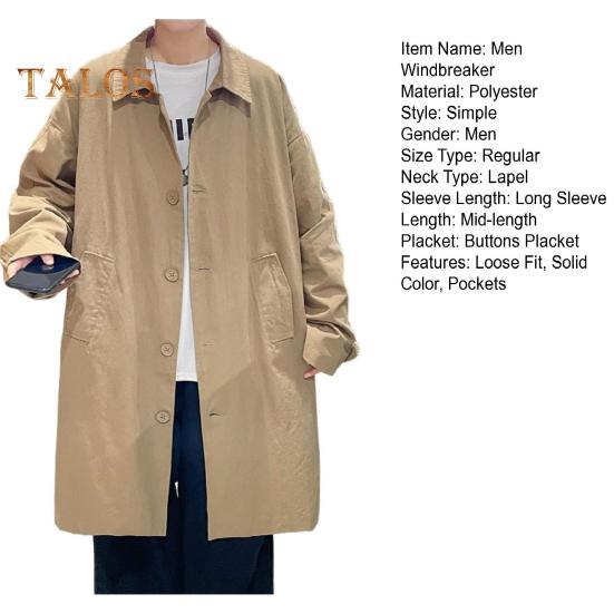 Herren Windjacke Mantel Revers Langarm Knopfleiste Trenchcoat mit Taschen Einfarbig Lockere Passform Mittellange Oberbekleidung