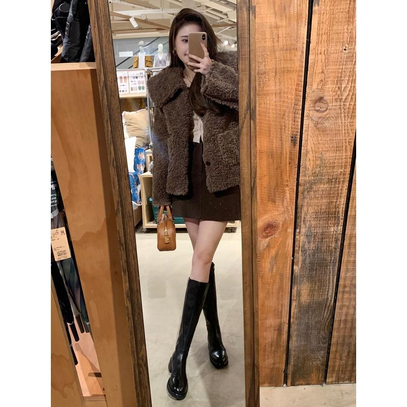 Bottes hautes de cheval en cuir de vachette lavé raisin pour maman, à bout rond, à talon épais, à semelle épaisse, rehaussantes