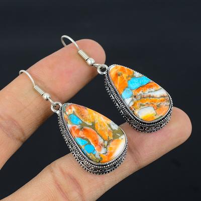 Natural Spiny Oyster Gemstone Handmade 925 Sterling Silver Earring 2.2" J1q28