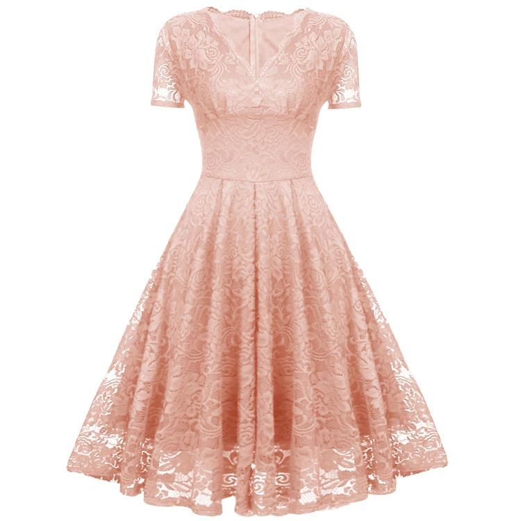 

Bright Deer Women s Lace Cocktail Dress V Neck Short Sleeve Fitted Waist Midi Prom Bridesmaid Wedding Guest Party Evening Occasion Outfit XXL рожевий