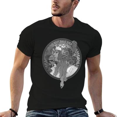 Alphonse Mucha Design Black White Tshirt Cotton T Shirt Unisex Anime T Shirts For Unisex T Shirts For Unisex Graphic Vintage Tshirt