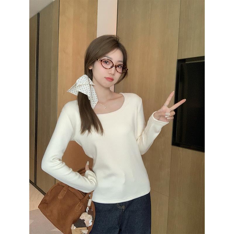Apricot velvet thickened long-sleeved inner wear women's autumn and winter new square collar right shoulder slim bottoming shirt temperament top