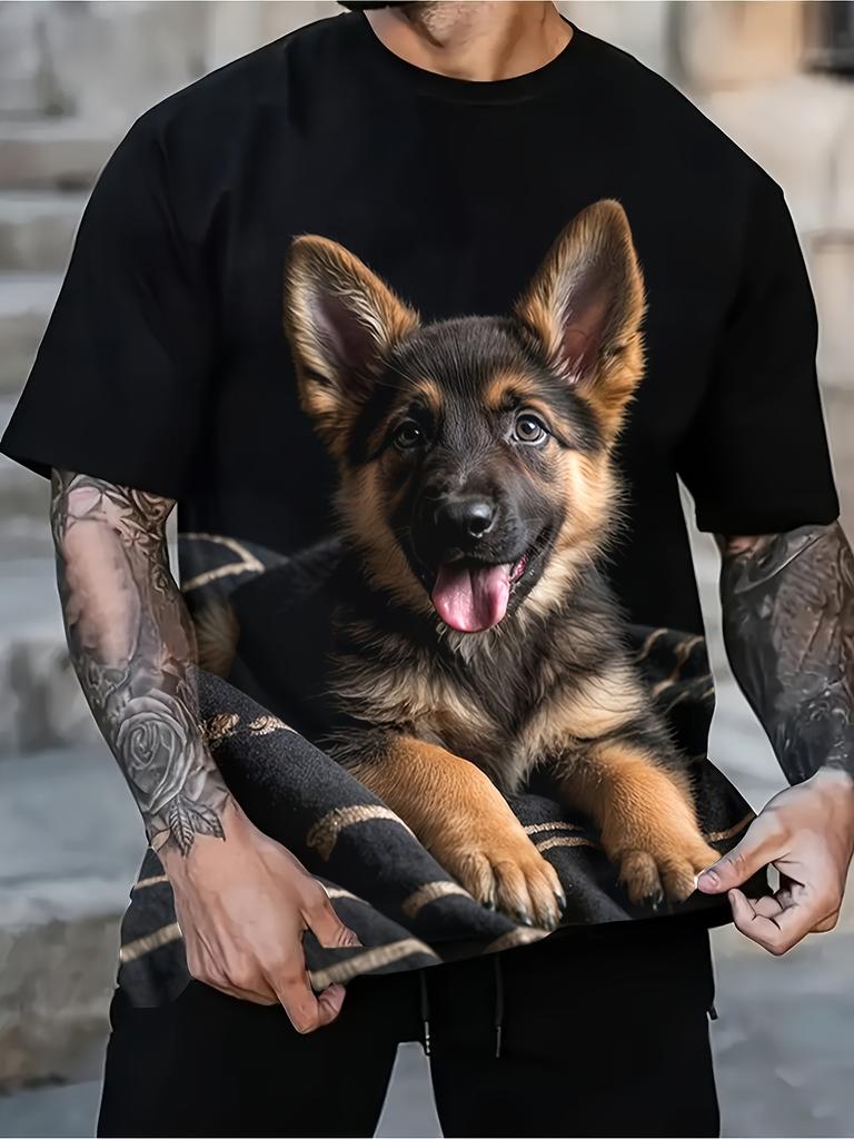 Men's German Shepherd Puppy Print T-Shirt - Oversized Short Sleeve Crew Neck Top with Full-Body German Shepherds Design, Loose Fit for Casual Wear