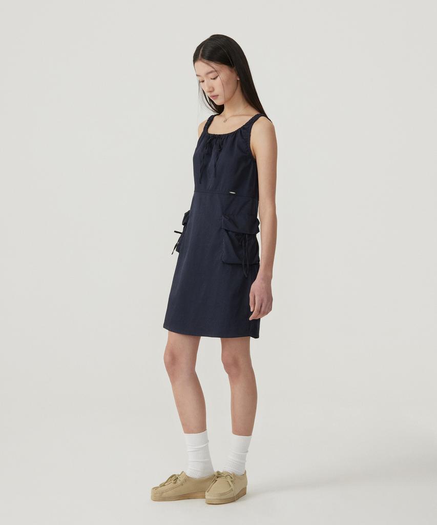 Covernat Woman Shirred Cargo Sleeveless Dress Navy