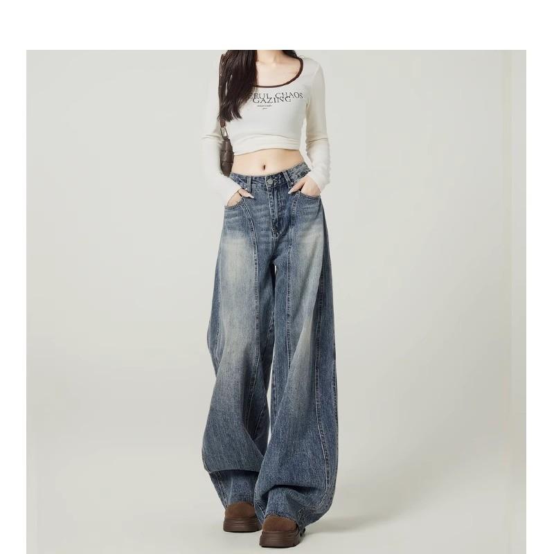 Women's High Waist Wide Leg Jeans Vintage Blue Washed Denim Pants American Streetwear Loose Draped Baggy Long Trousers