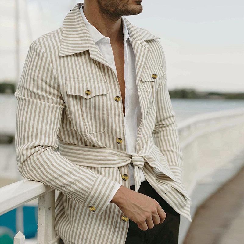 Men's Plus Size Striped Cardigan Jacket, Multi-Pocket, Long Sleeve, Lightweight, for Spring and Autumn 2025