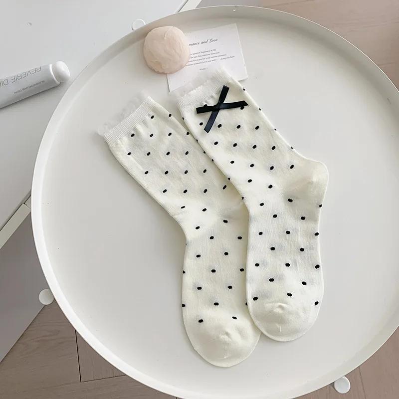 Polka Dot Socks Women Cute Bow Lolita Sweet Girls Lolita Kawaii Lace Ruffle Socks JK Japanese Style Girls Black White Long Socks