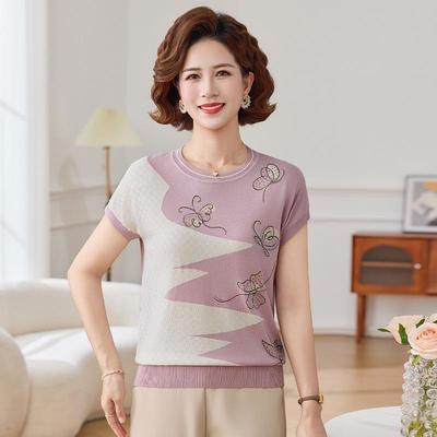 Women's Summer Ice Silk Short-Sleeve Knit Top - Loose Fit, Round Neck for Middle-Aged and Older