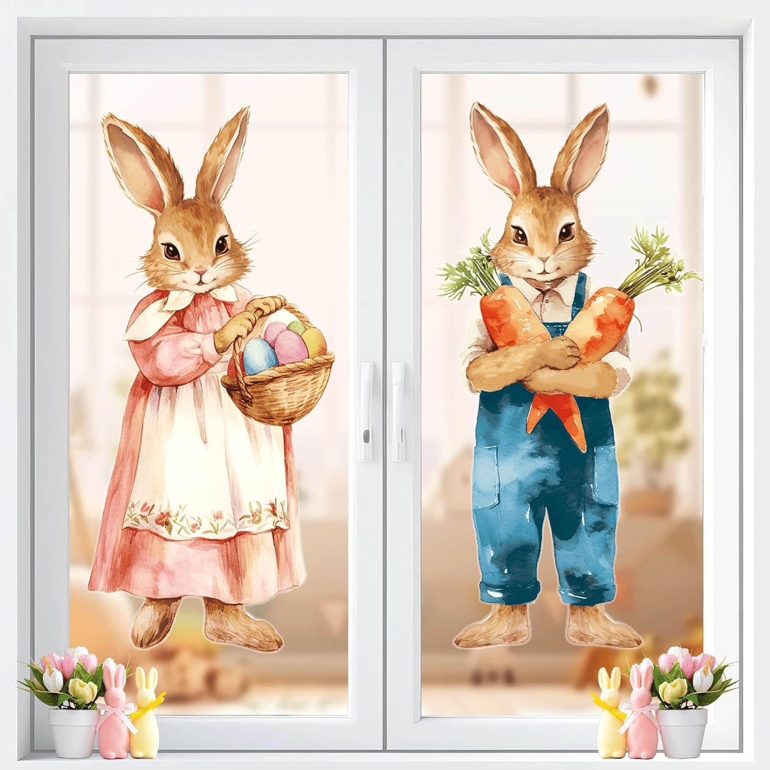 CHUNNIN 2Pcs Extra Large Easter Bunny Window Clings Spring Easter Window Decorations Vintage Easter Window Stickers Farmhouse Rustic Rabbit Carrots
