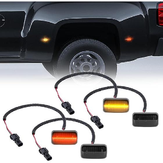 Gempro LED Dually Fender Side Marker Lights For 2015- Chevy Silverado GMC Sierra 2500 3500 Amber Red Dual Rear Wheel Bed Marker Lamps, Smoked Len