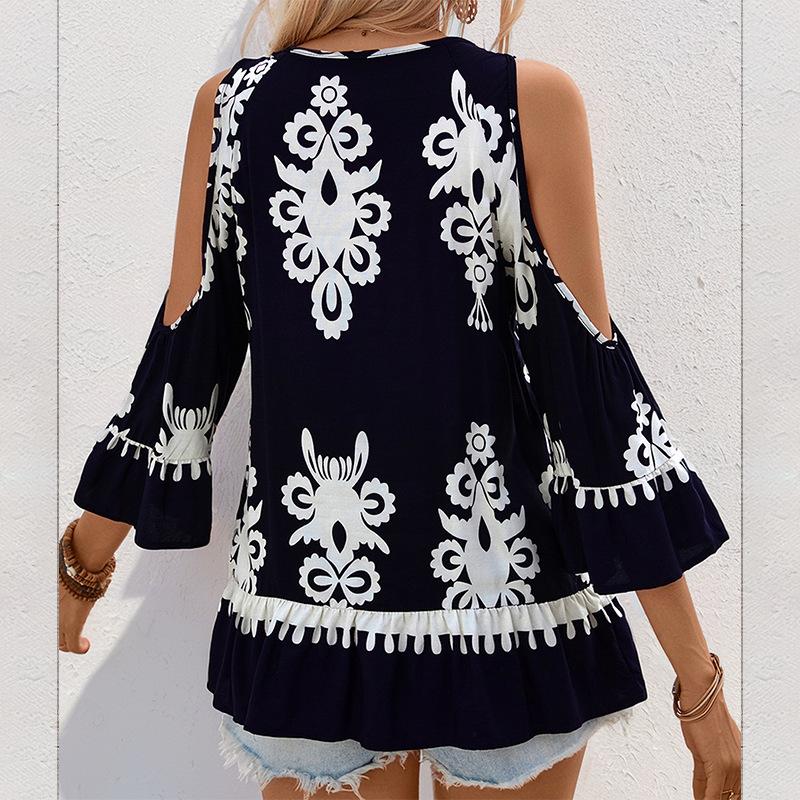 YYFS Moda de epocă pentru femei Ocazional de primăvară cu imprimeu geometric cu mâneci 3/4 Bluze și cămăși cu gâtul în formă de O