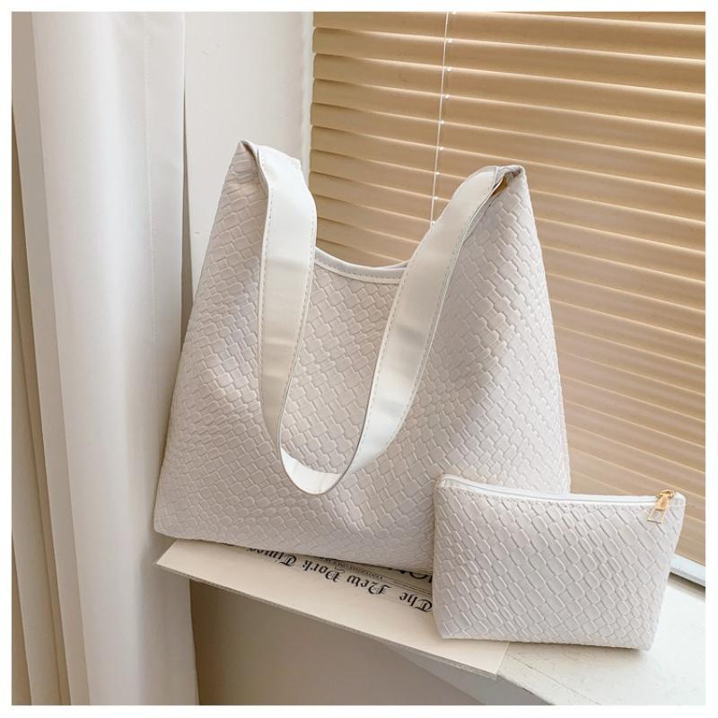 Women Retro Woven Pattern Hobo Bag, Soft PU Large Shoulder Tote Bag, Everyday Casual Handbag with Matching Mini Pouch for Work Travel