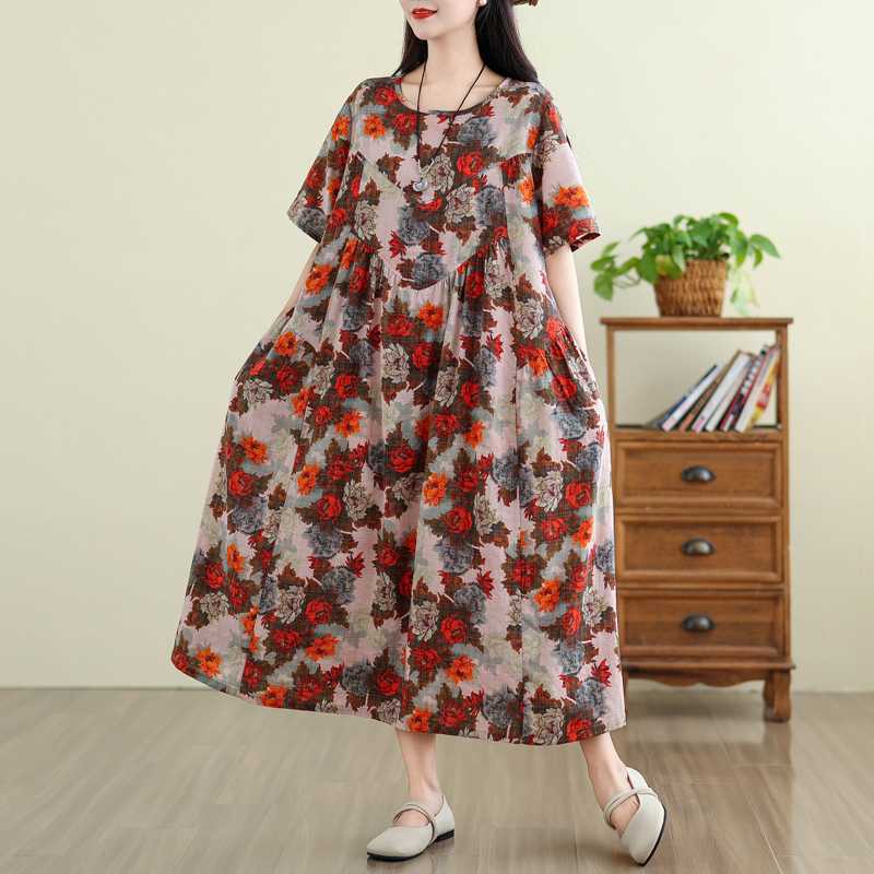 

Платье в стиле ретро из хлопка и льна с круглым вырезом и короткими рукавами, женская свободная юбка XL