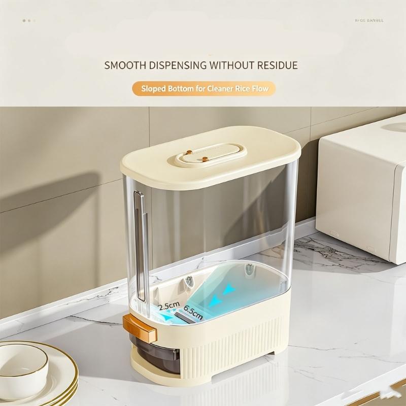 Countertop Rice Storage Bin with Push Button Release, Covered Rice Holder and Supply Window for Kitchen Cabinet Use