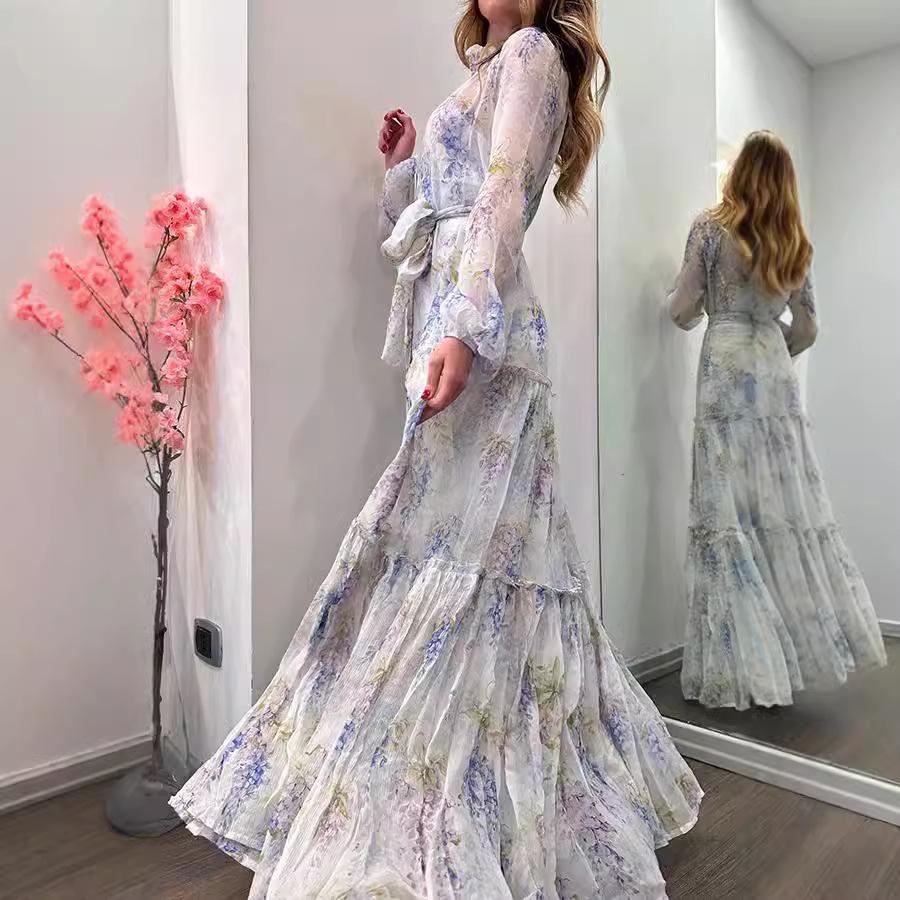 Rochie de dama din sifon imprimat Cardigan Curea mare Floral Stil lung