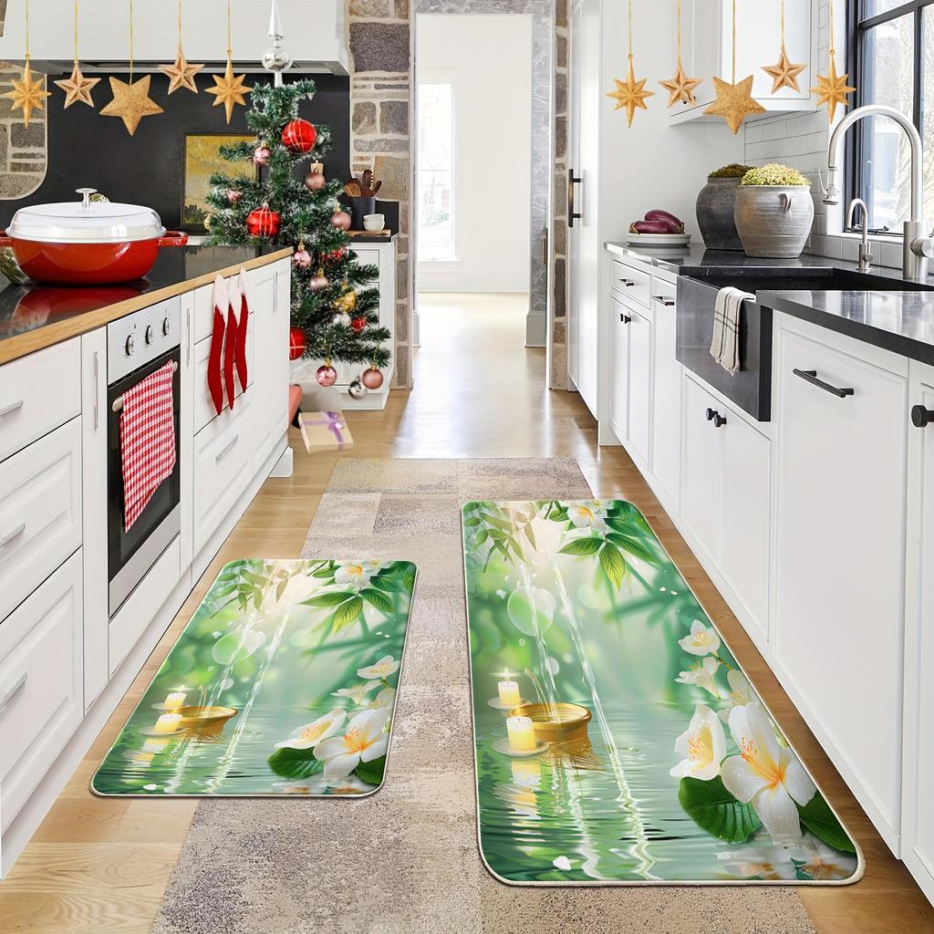 1 x Anti-Ermüdungs-Küchenteppich, Blumenmuster mit Seeufer-Aufdruck, wasserdicht, rutschfest, dick gepolstert, robuste, bequeme Stehmatte für die Küche