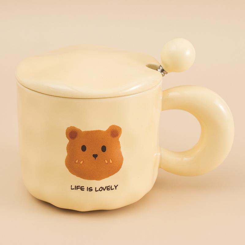 Korean Retro Bear Mug with Lid Spoon High Value Girl Couple Ceramic Cup Office Drinking Water Coffee Cup