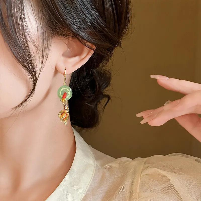 New Chinese style Ping An knot koi earrings, retro Chinese style temperament lucky fish tail long earrings