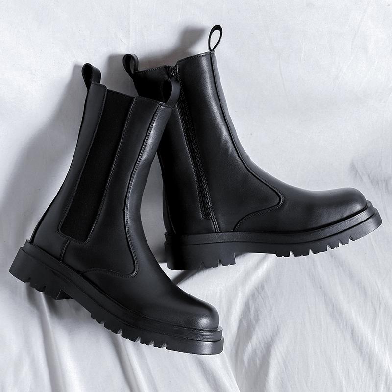 Botas Masculinas de Cano Alto em Couro Genuíno de Alta Qualidade Estilo Britânico Botas Chelsea Calçado de Lazer para Caminhada Botas Clássicas Confortáveis de Cano Médio