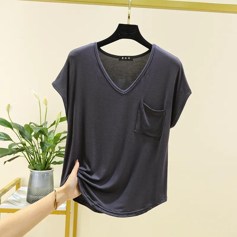Women's Summer Short-sleeved Top with Thin Solid Color Loose Large V-neck Household Clothes