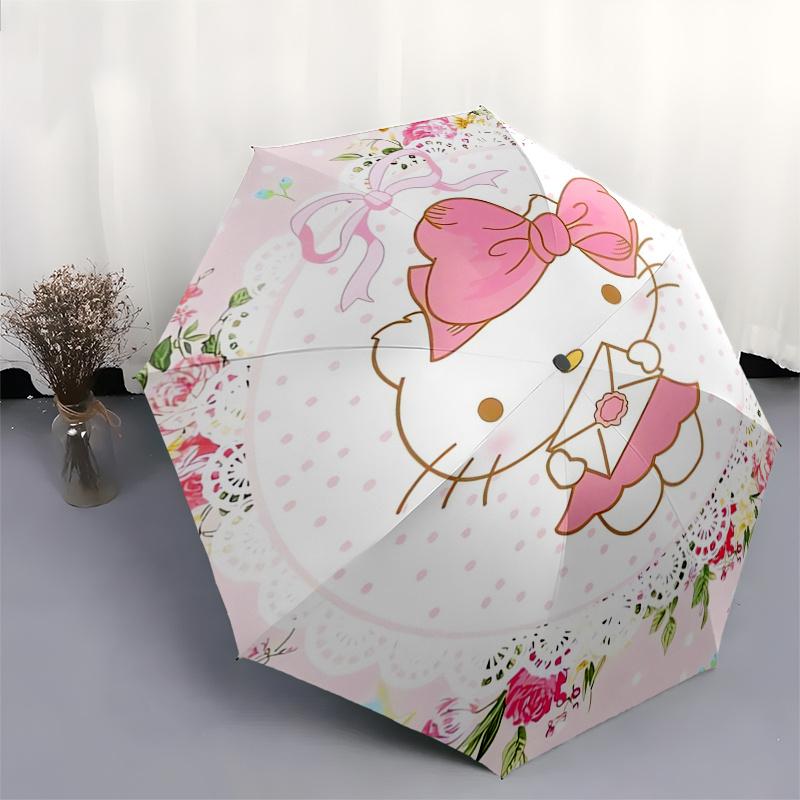 Hello Kitty,Floral Automatic Folding Umbrella-Simple 8-Rib Design, Bright Cartoon Pattern, Durable Iron Frame, Suitable For Travel, Outdoor,