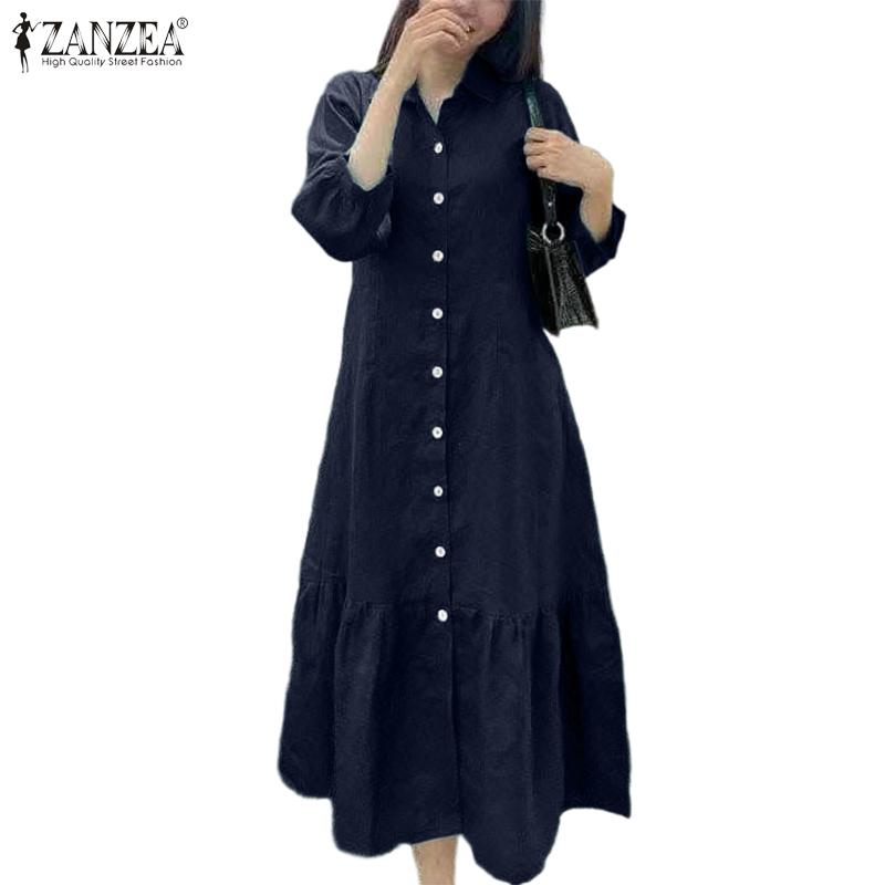 ZANZEA Women Casual Turn Down Collar Solid Color 3/4 Sleeve Loose Dress