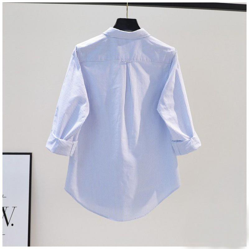 Light Blue Pinstripe Cotton Shirt - Spring 2023 Loose Casual Long Sleeve with Single Pocket