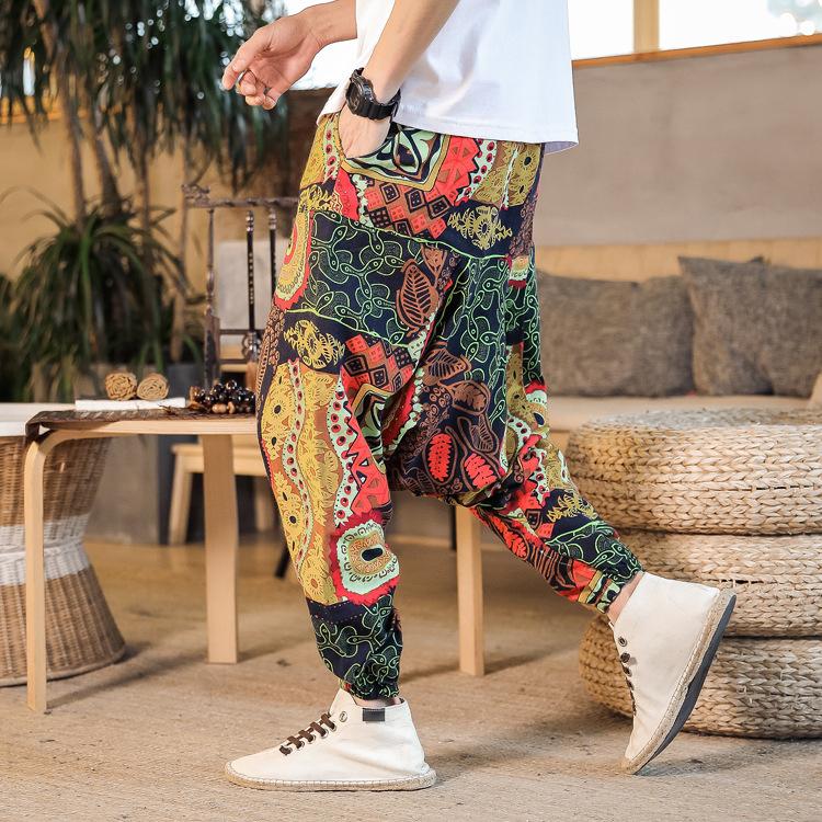 Men Harem Pants Print Retro Drop Crotch Joggers Trousers Men Baggy Loose Nepal Style Men Casual Pants