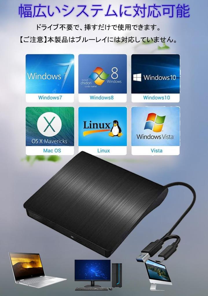 External DVD Drive with High Speed Read and Write 8X DVD 24X Bus Power USB Compact Optical Drive Support, & CD, Supply, 2.0/3.0 & Type-C Compatible,