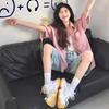 Pink Short Sleeved Women's Shirt Contrasting Retro Casual Turn-Down Collar Top Korean Style Simple Loose Ladies Coat