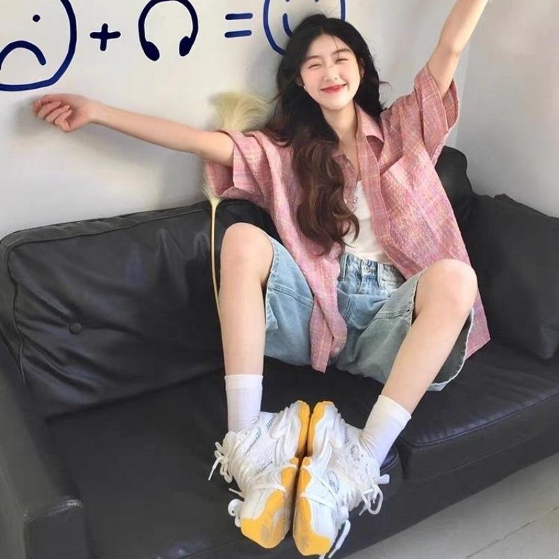 Pink Short Sleeved Women's Shirt Contrasting Retro Casual Turn-Down Collar Top Korean Style Simple Loose Ladies Coat