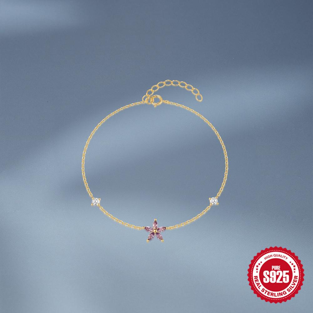 Fashion S925 Sterling Silver Purple Flower Diamond Daily Match Work Ladies Bracelet