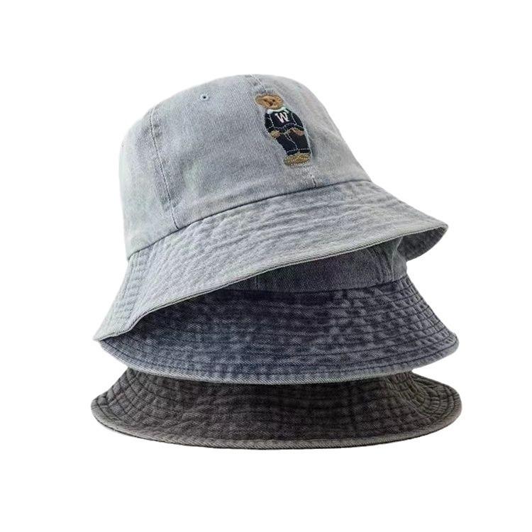 Vintage Washed Denim Bucket Hat Female Face Small Visor Cartoon Bear Embroidery Basin Hat Tide