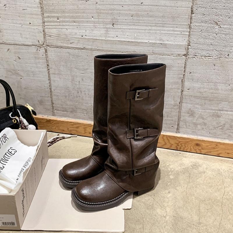 Spice Girls Pants Boots~ Thick-soled Height-increasing Buckle Mid-tube Western Boots 2025 New Knight Boots Women's Pile Boots