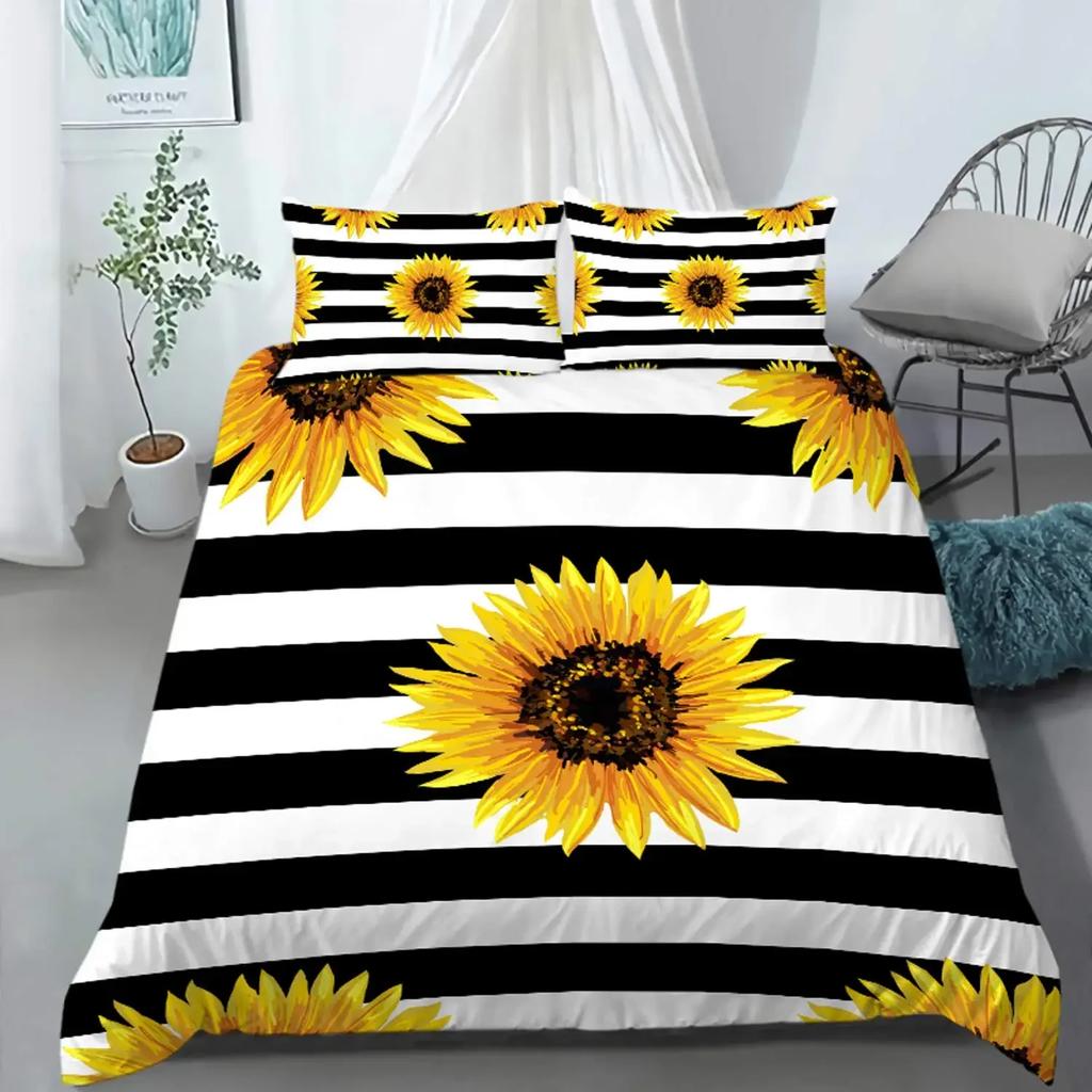 Yellow Flower Duvet Cover Set Sunflower Bedclothes Sunflower Fields With Sunset Printed Botanical Flowers Polyester Bedding Set