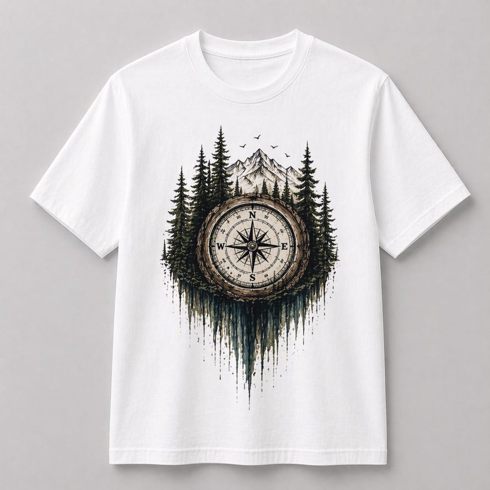 Wilderness Compass Tee – Vintage Forest & Mountain Graphic T-Shirt 3XL