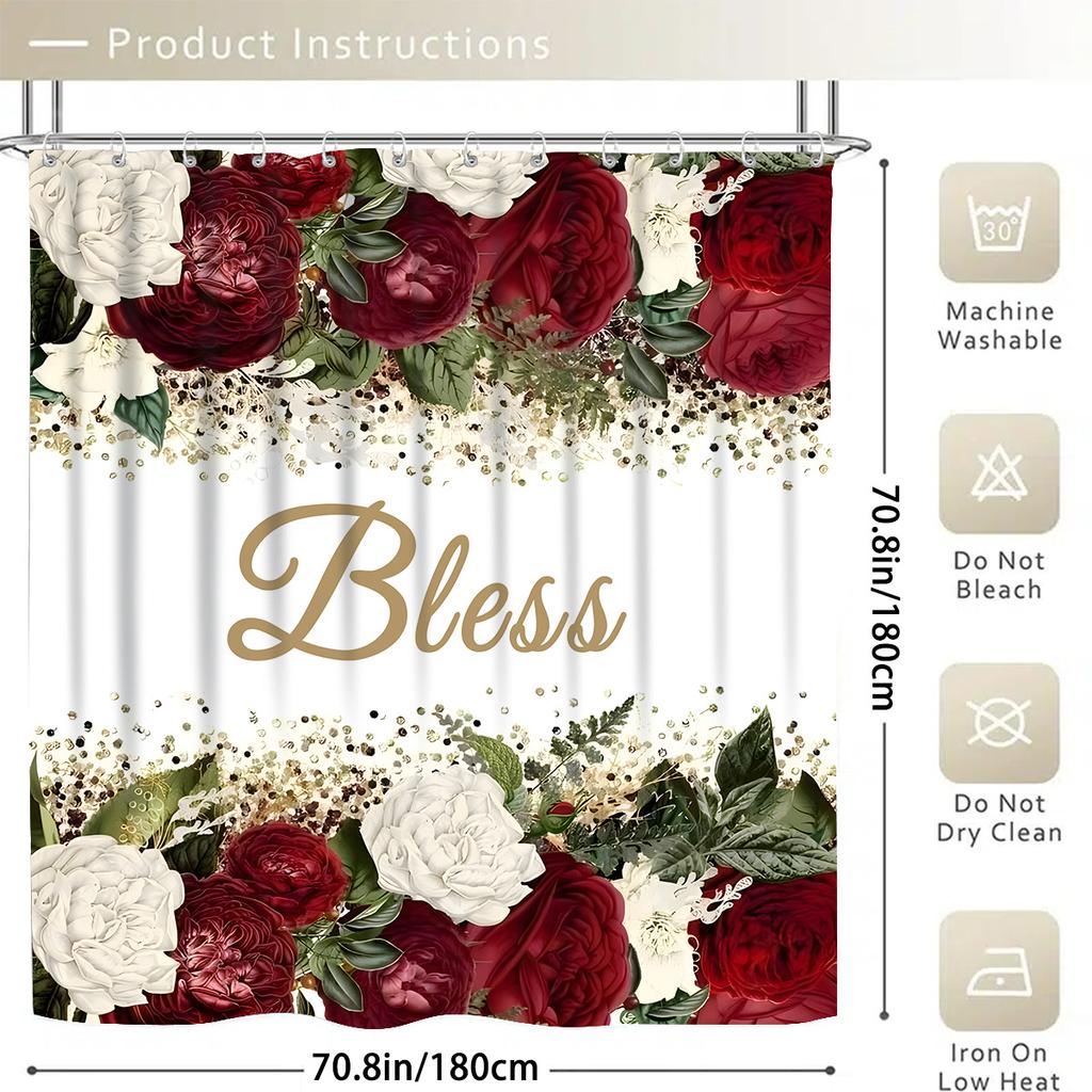 4 Stück Rose Segen Druck Wasserdichter Duschvorhang Mit 12 Haken Rutschfester Badezimmerteppich WC U-Form Matte Toilettendeckel Abdeckung