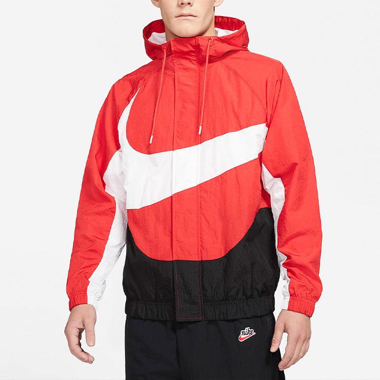 Nike Sportswear Swoosh Color-Block Large Logo Print Hooded Woven Jacket Men Outerwear Red DD5968-657