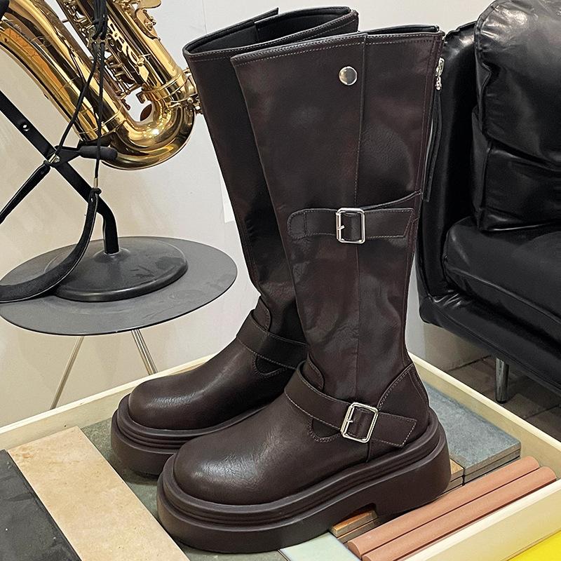 

Brown retro Maillard platform boots women s 2025 new summer height-increasing and thin British style knight boots 40 коричневый