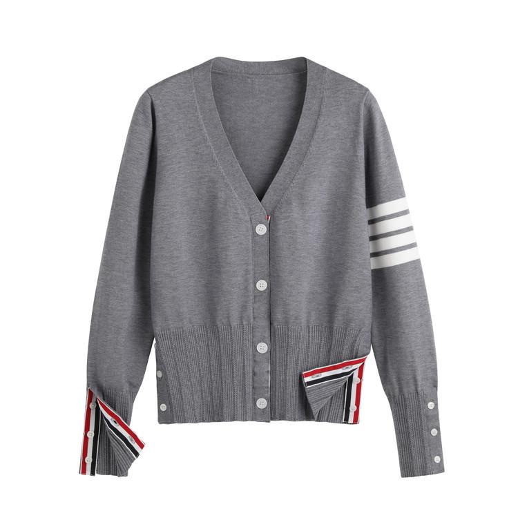 TbB Women's Knitted Cardigan - Trendy Four-Stripe College Style, Versatile Spring/Autumn Sweater Coat