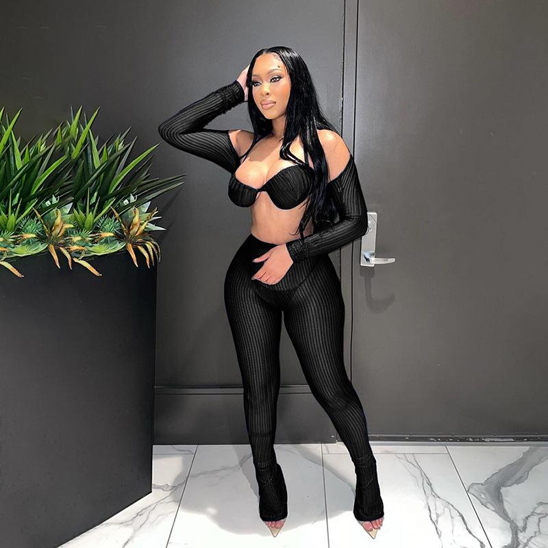 

Летний повседневный однотонный узкий костюм с круглым вырезом и короткими рукавами L чёрный