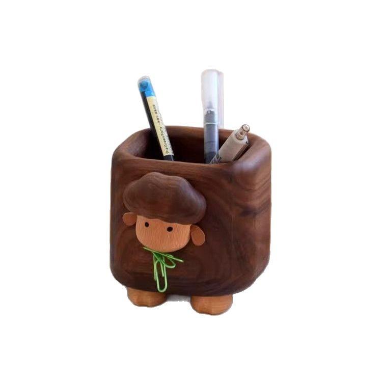 Solid Wood Pen Holder Office Desk Organizer Creative Sheep Pencil Cup Storage Box Birthday Gift Walnut Desktop Decoration