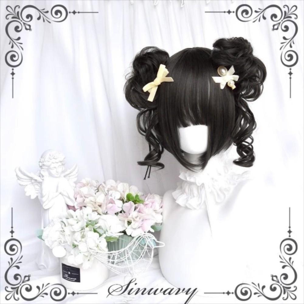 Synthetic Short Curly Double Ponytail Bun Cosplay Halloween Harajuku Wig Girl