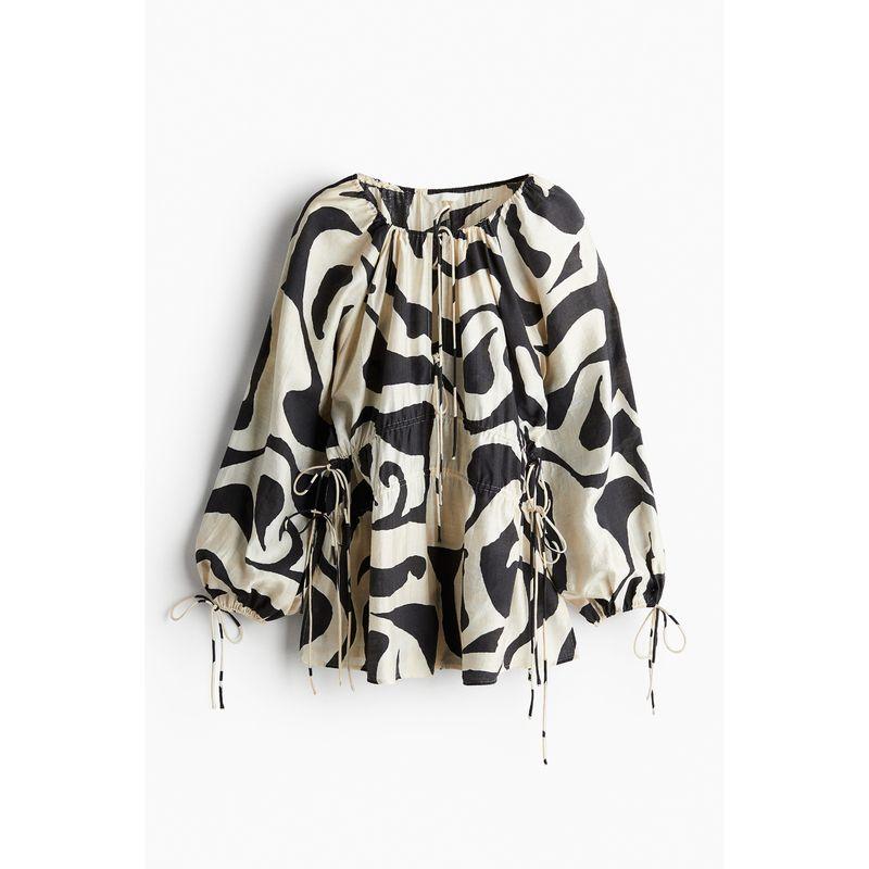 

HM Women s Shirt Autumn Long Sleeves Asymmetrical Pattern Drawstring Bishop Sleeves Top 1230275 Cream/Black pattern 155/80