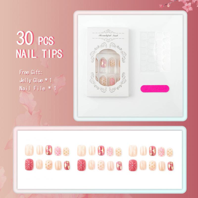 30 pieces of spring short bean nails wearing nails three-dimensional flowers star dot diamond sweet nail art nail piece fake nails