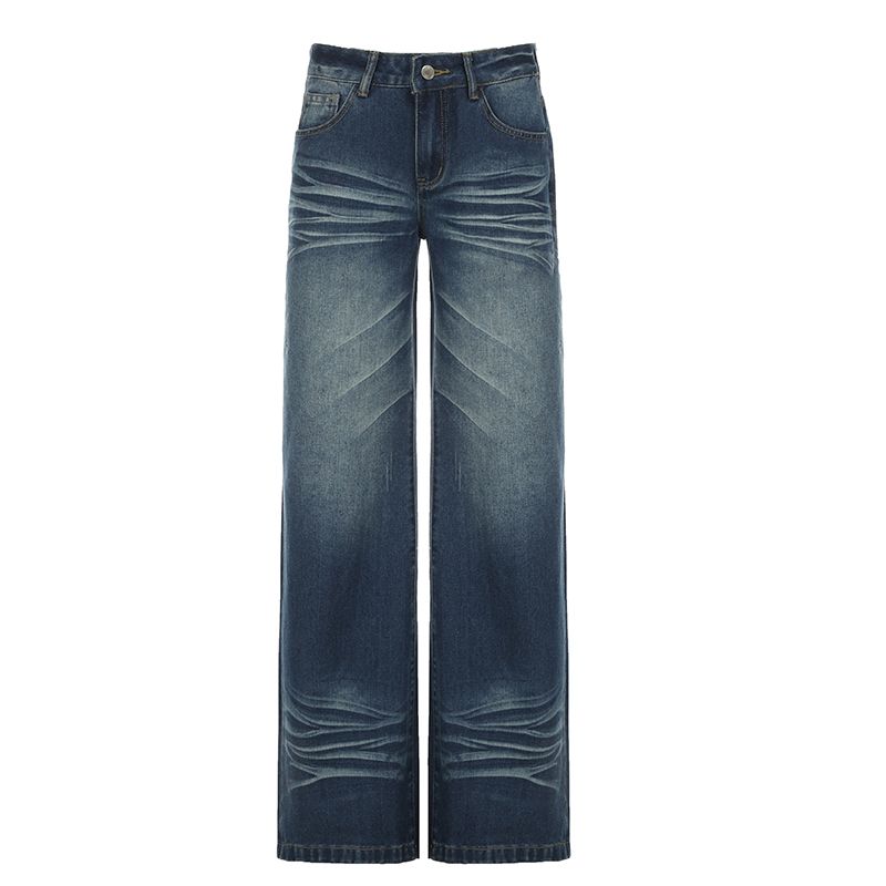 

Rockmore [High Street Sexy] Retro Washed Cat Beard Ruched Straight-leg Denim Low Waist Slim Looking Casual Pants Blue S