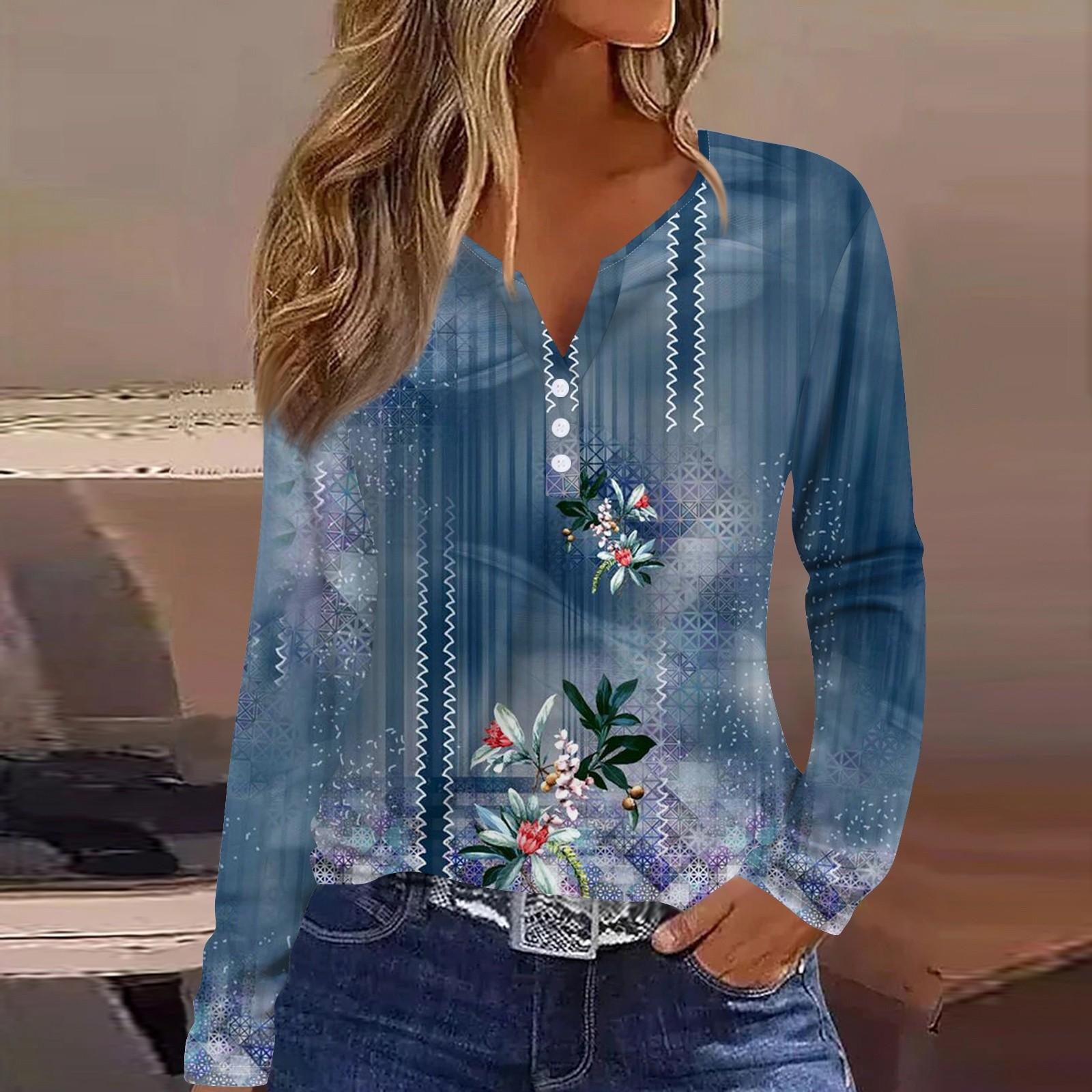 

Жен. Футболка Футболка на пуговицах с длинным рукавом Повседневные Выходные Мода Классический Топ с v-образным вырезом Обычный L синий