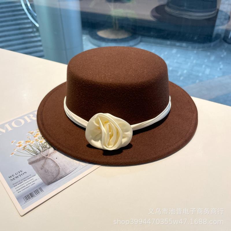 Rose flower strap flat top woolen top hat female autumn and winter warm sweet cute fashion versatile performance flat top hat