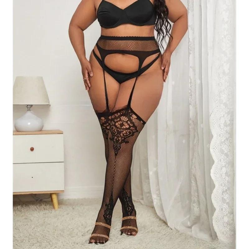 Plus Large Size Women Lace Fishnet Stockings Female Lingerie Tights Leggings Female High Waist Mesh Pantyhose for Women XXXL